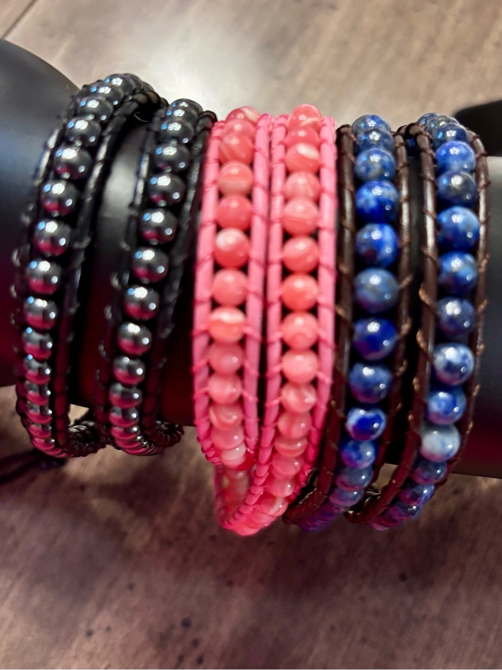 Beaded Wrap Bracelet Trio - Pink, Blue &‎ Black Gemstone Bracelets